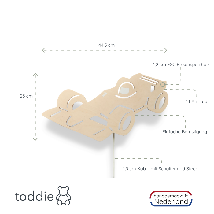 Hölzerne Wandleuchte Kinderzimmer | Rennwagen, Formel 1 - natur Wandleuchte toddie.de   