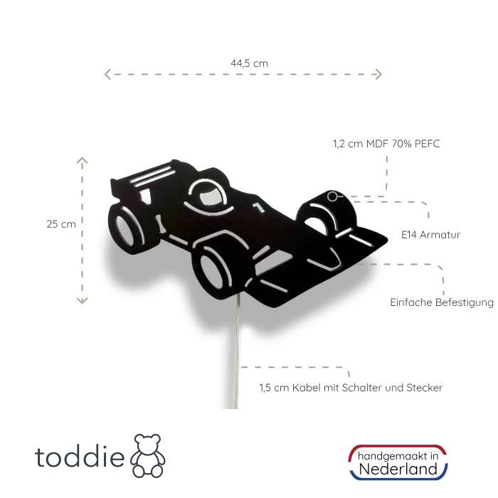 Hölzerne Wandleuchte Kinderzimmer | Rennwagen, Formel 1 - schwarz Wandleuchte toddie.de   