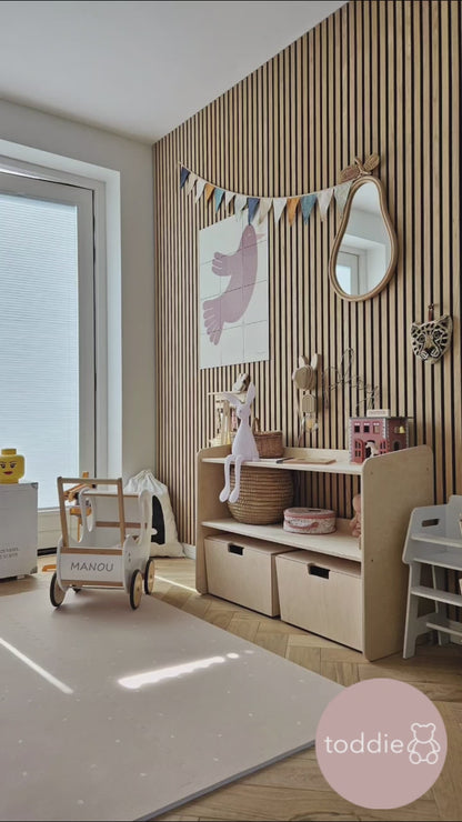 Jollie Montessori Offener Spielzeugschrank + rollbare Aufbewahrungskisten | Bücherregal mit 2 Einlegeböden – naturfarben
