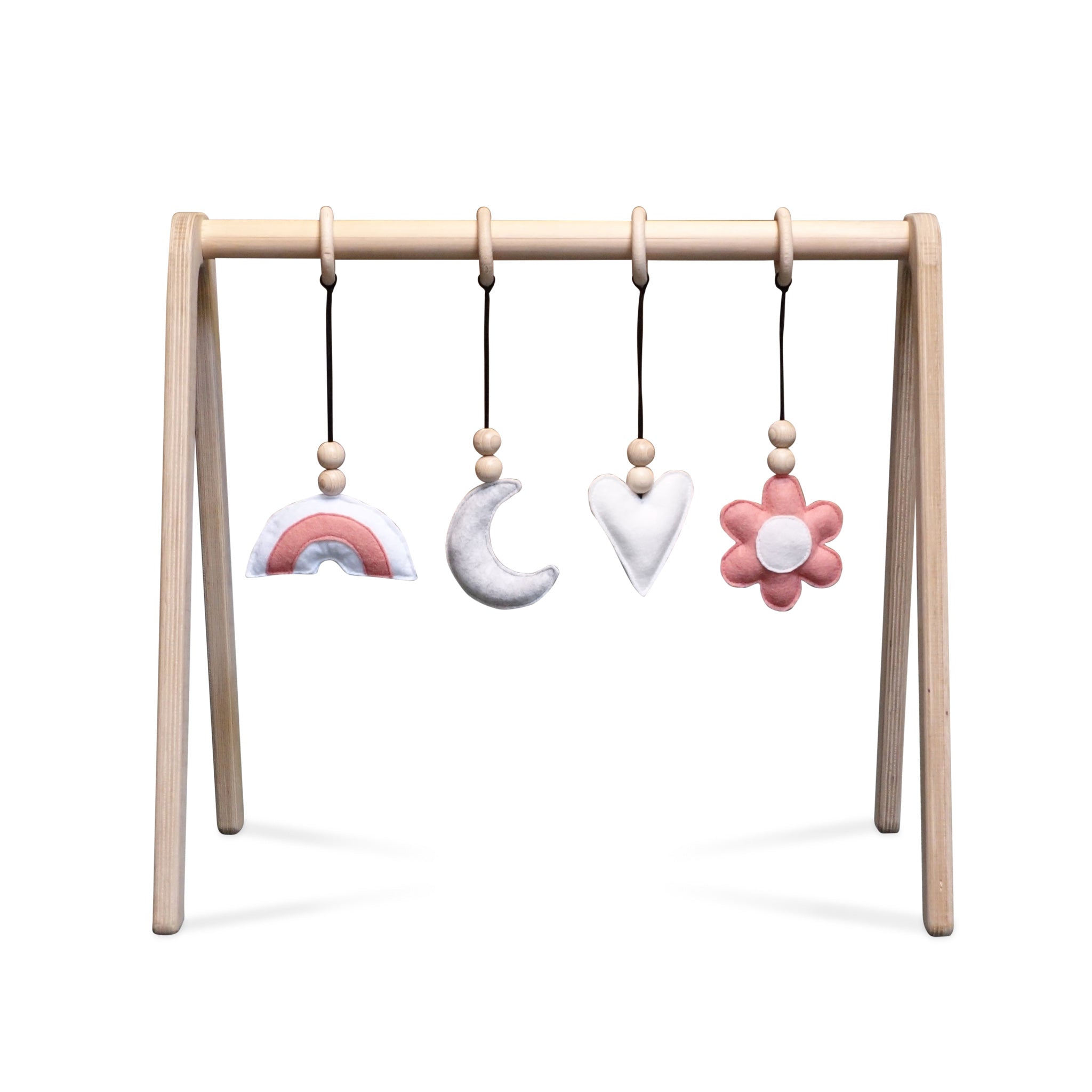 Holz Babygym | Massiver Holzspielbogen mit Blume und Regenbogen hängespielzeuge - natur Spielbogen + Hängespielzeuge toddie.de   