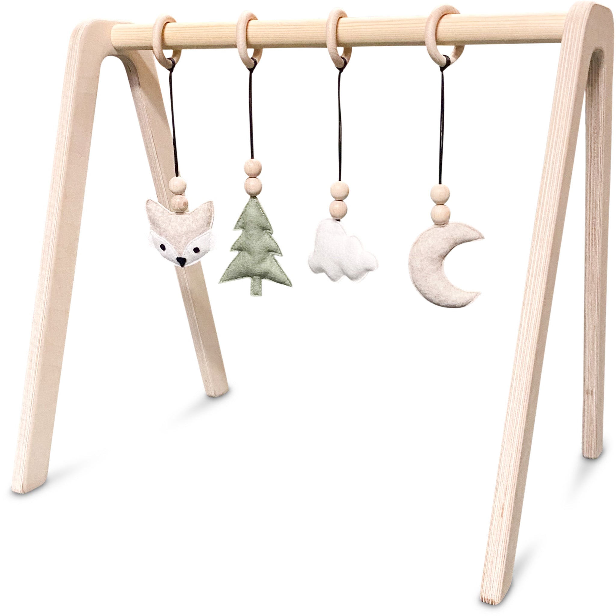 Holz Babygym | Massiver Holzspielbogen mit Waldtiere hängespielzeuge - natur Spielbogen + Hängespielzeuge toddie.de   