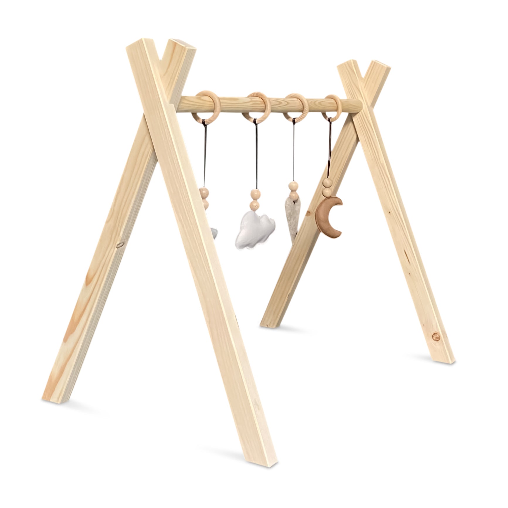 Holz Babygym | Massiver Holzspielbogen Tipi-Form mit Natur hängespielzeuge - natur Spielbogen + Hängespielzeuge toddie.de   