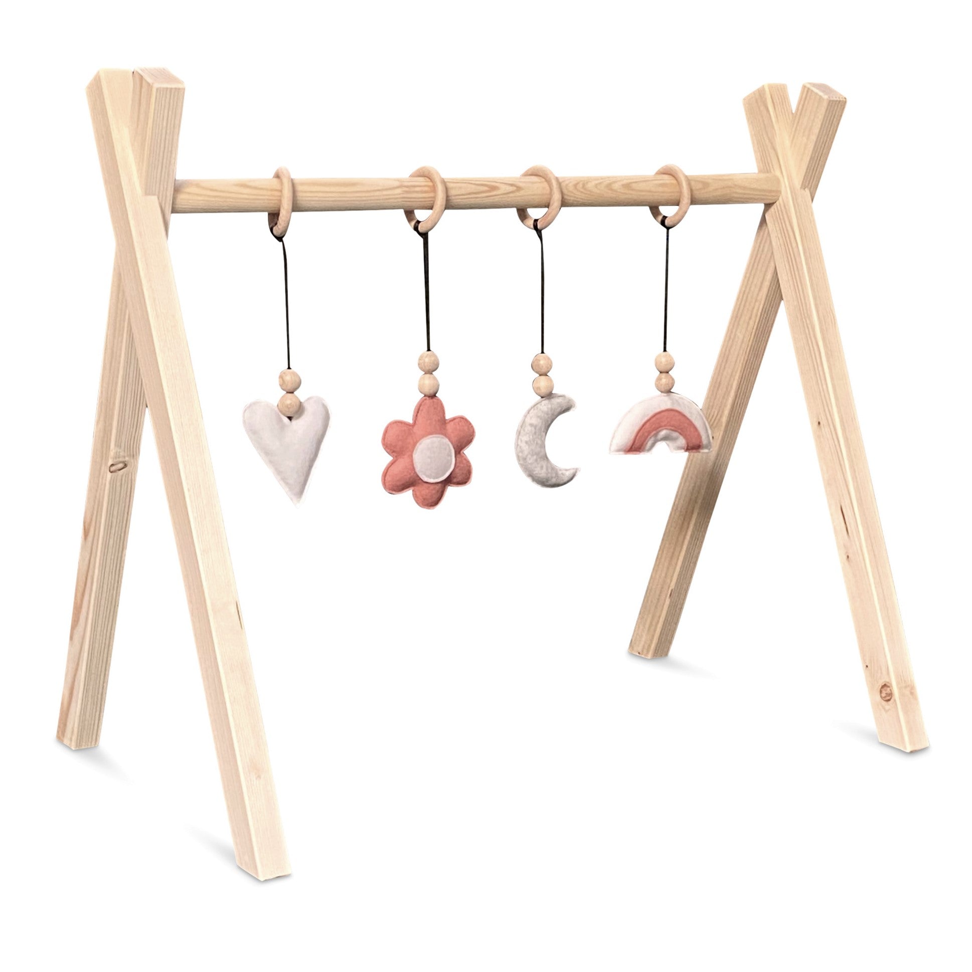 Holz Babygym | Massiver Holzspielbogen Tipi-Forme mit Blume und Regenbogen hängespielzeuge - natur Spielbogen + Hängespielzeuge toddie.de   