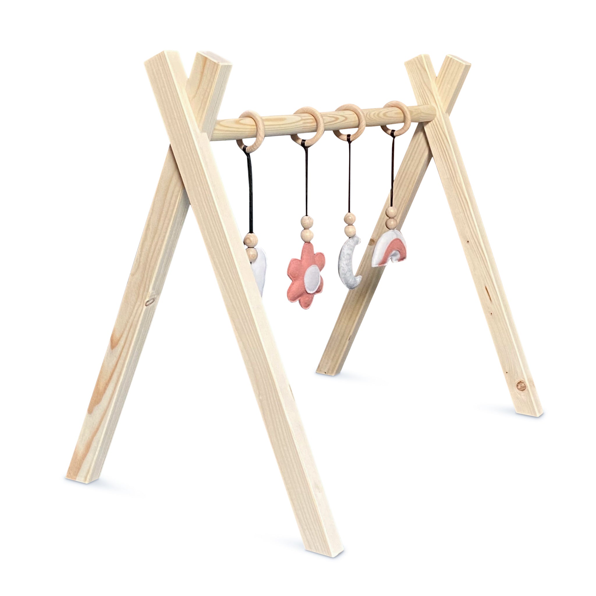 Holz Babygym | Massiver Holzspielbogen Tipi-Forme mit Blume und Regenbogen hängespielzeuge - natur Spielbogen + Hängespielzeuge toddie.de   