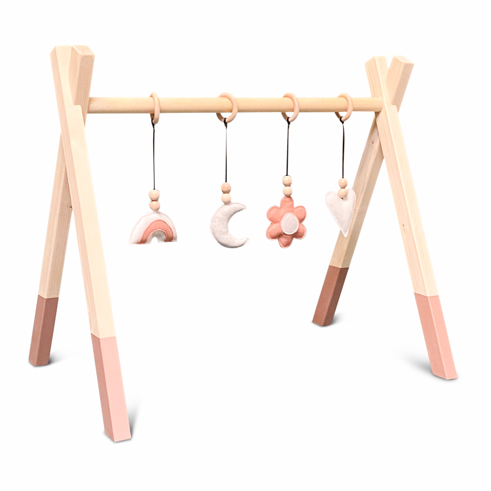 Holz Babygym | Massiver Holzspielbogen Tipi-Form mit Blume und Regenbogen hängespielzeuge - terra rosa Spielbogen + Hängespielzeuge toddie.de   