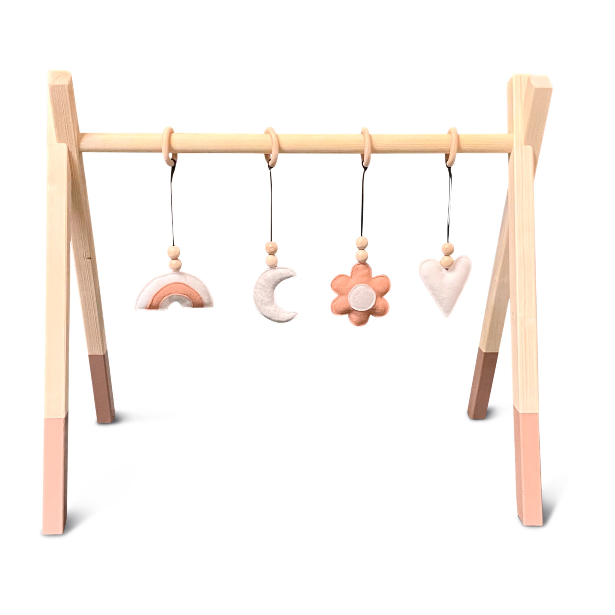 Holz Babygym | Massiver Holzspielbogen Tipi-Form mit Blume und Regenbogen hängespielzeuge - terra rosa Spielbogen + Hängespielzeuge toddie.de   
