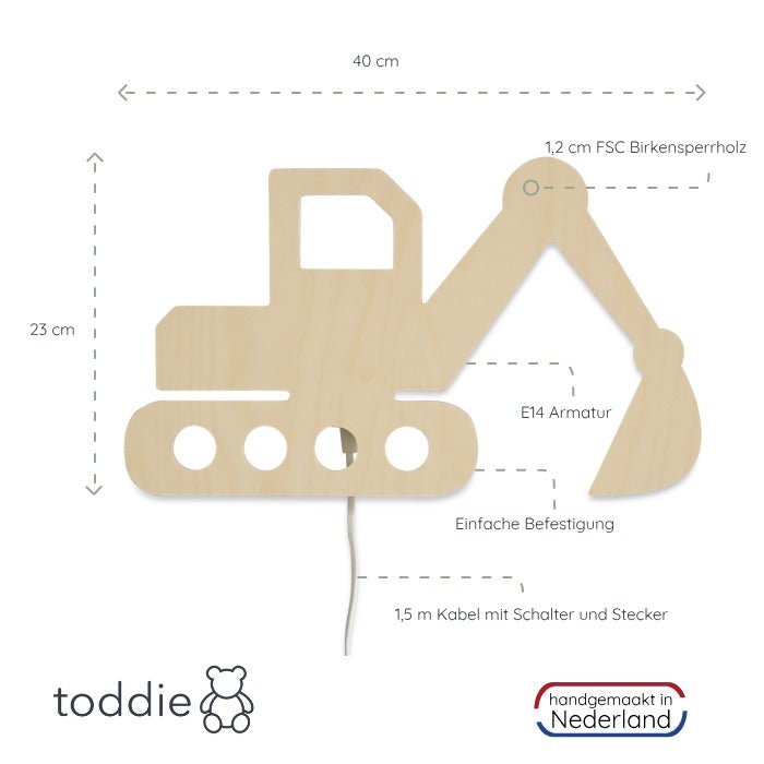 Hölzerne Wandleuchte Kinderzimmer | Bagger - natur Wandleuchte toddie.de   