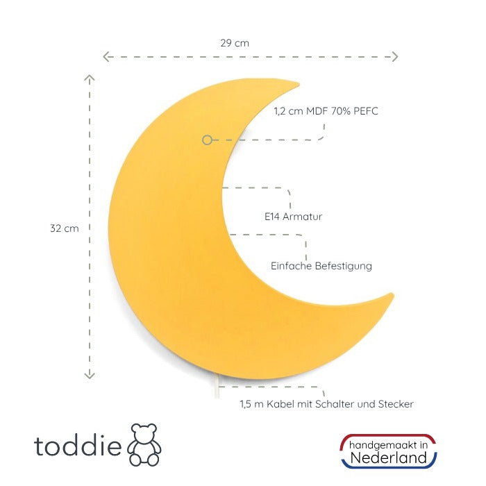 Hölzerne Wandleuchte Kinderzimmer | Mond - gelb Wandleuchte toddie.de   