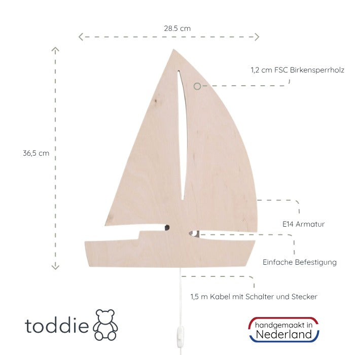 Hölzerne Wandleuchte Kinderzimmer | Segelboot - natur Wandleuchte toddie.de   