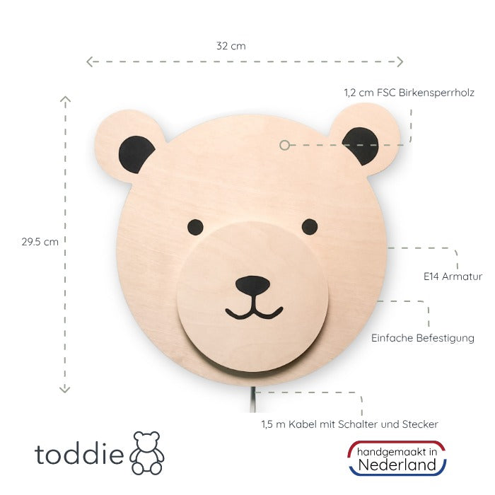 Hölzerne Wandleuchte Kinderzimmer | Teddy - natur Wandleuchte toddie.de   